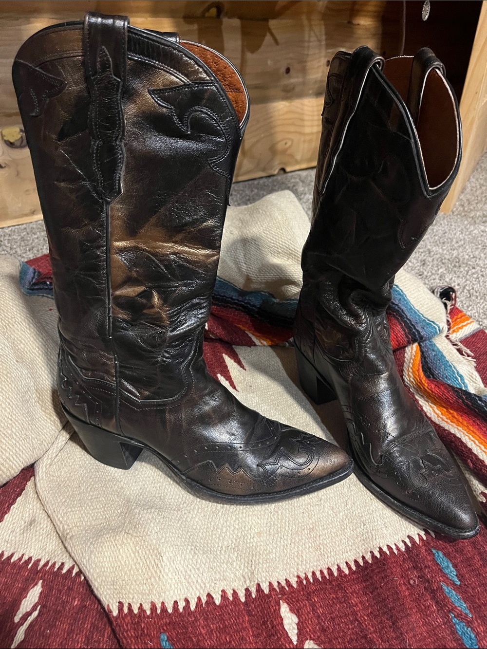Dan Post Dark Brown Gold Metallic Leather Western Heeled Boots